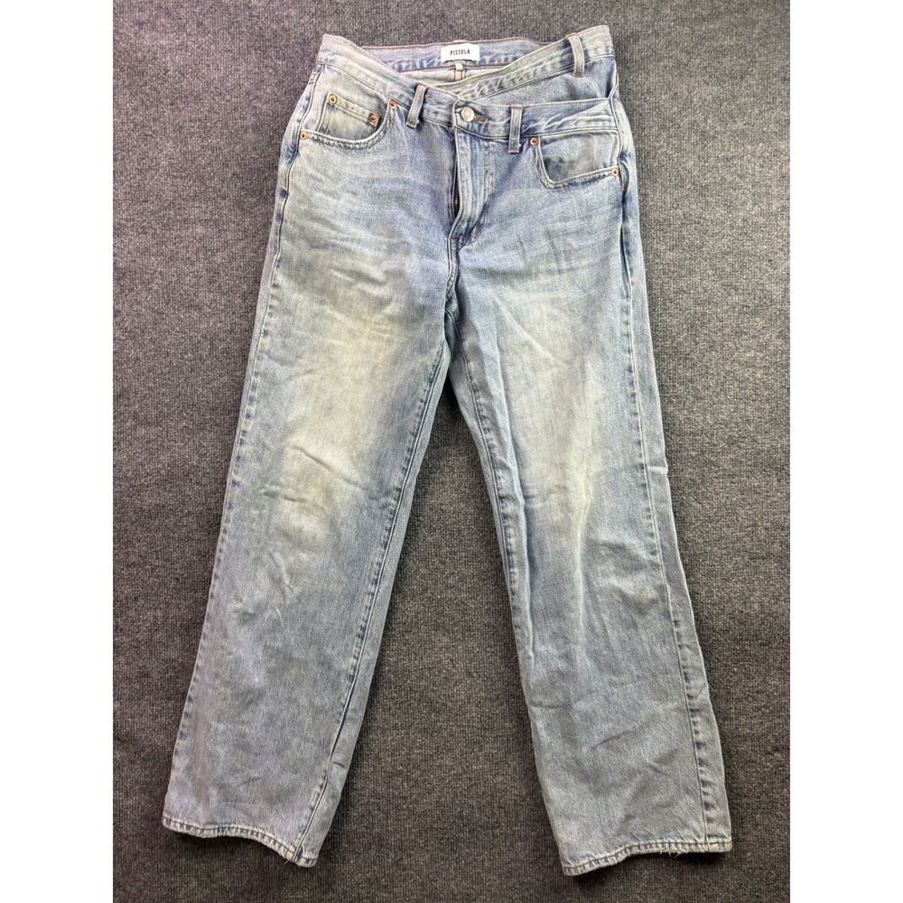 Pistola Jeans Women 26 Blue Criss Cross Asymmetrical Waist Straight Leg Denim